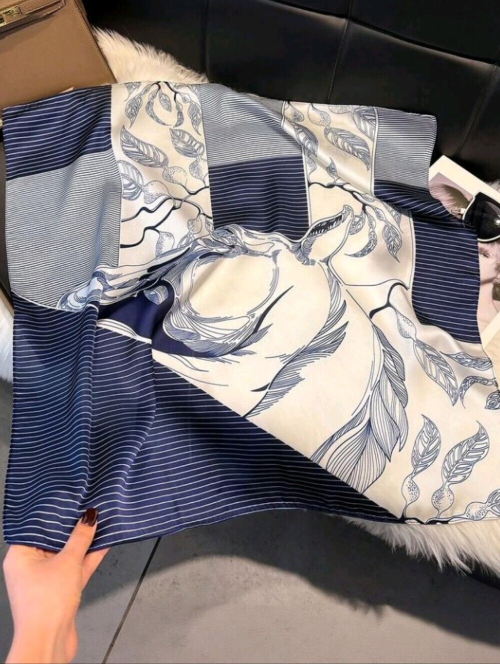 Navy Off White Floral-Print Satin Scarf Summer Vacation Travel Botanical